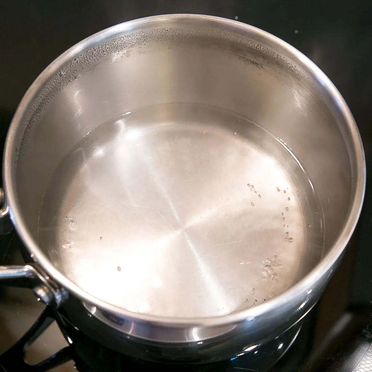 A pot with simmering water on the stove.