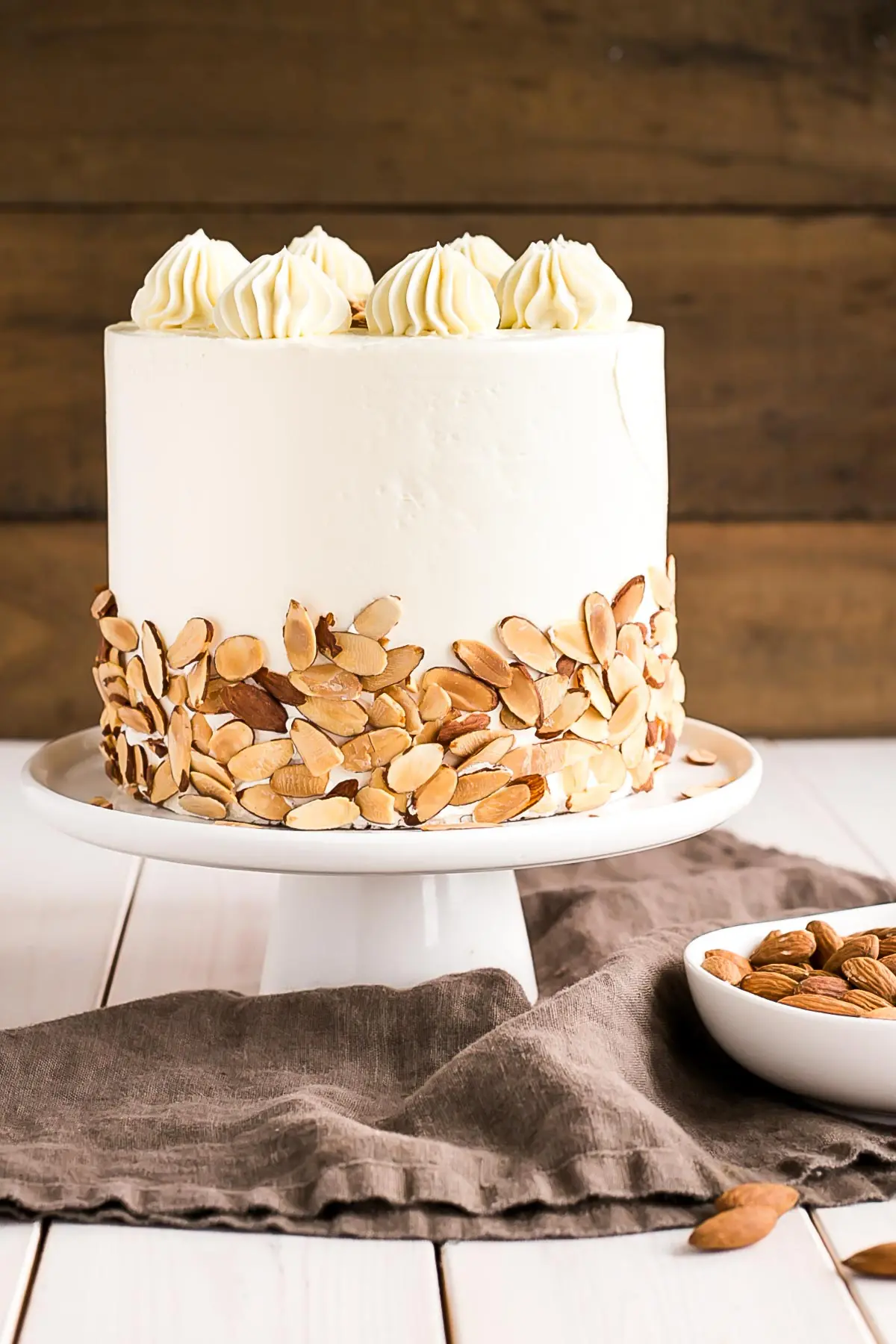 Almond cake layers infused with Amaretto liqueur paired with a classic vanilla buttercream