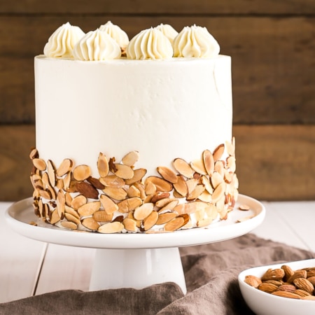 A decorated cake on a cake stand