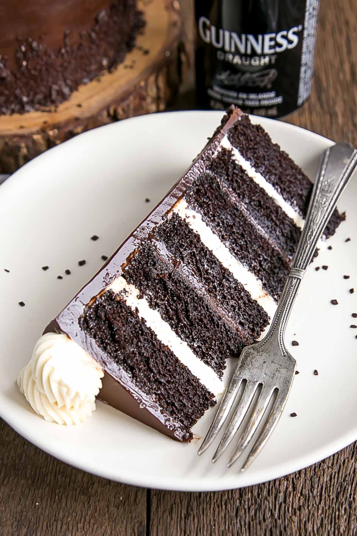 A piece of Chocolate Guinness cake on a plate