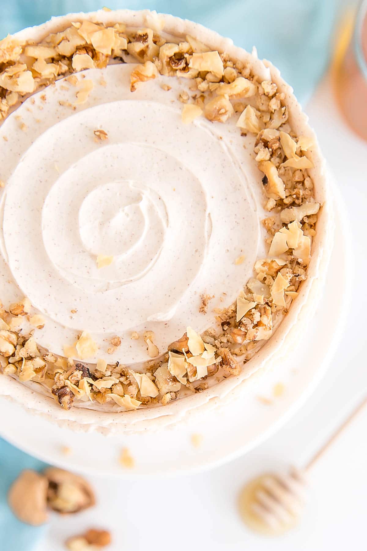 Top down shot of a baklava cake with a swirl of frosting.