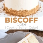 This Biscoff Cake pairs fluffy vanilla cake layers with a sweet cookie butter frosting and crushed speculoos cookies. | livforcake.com