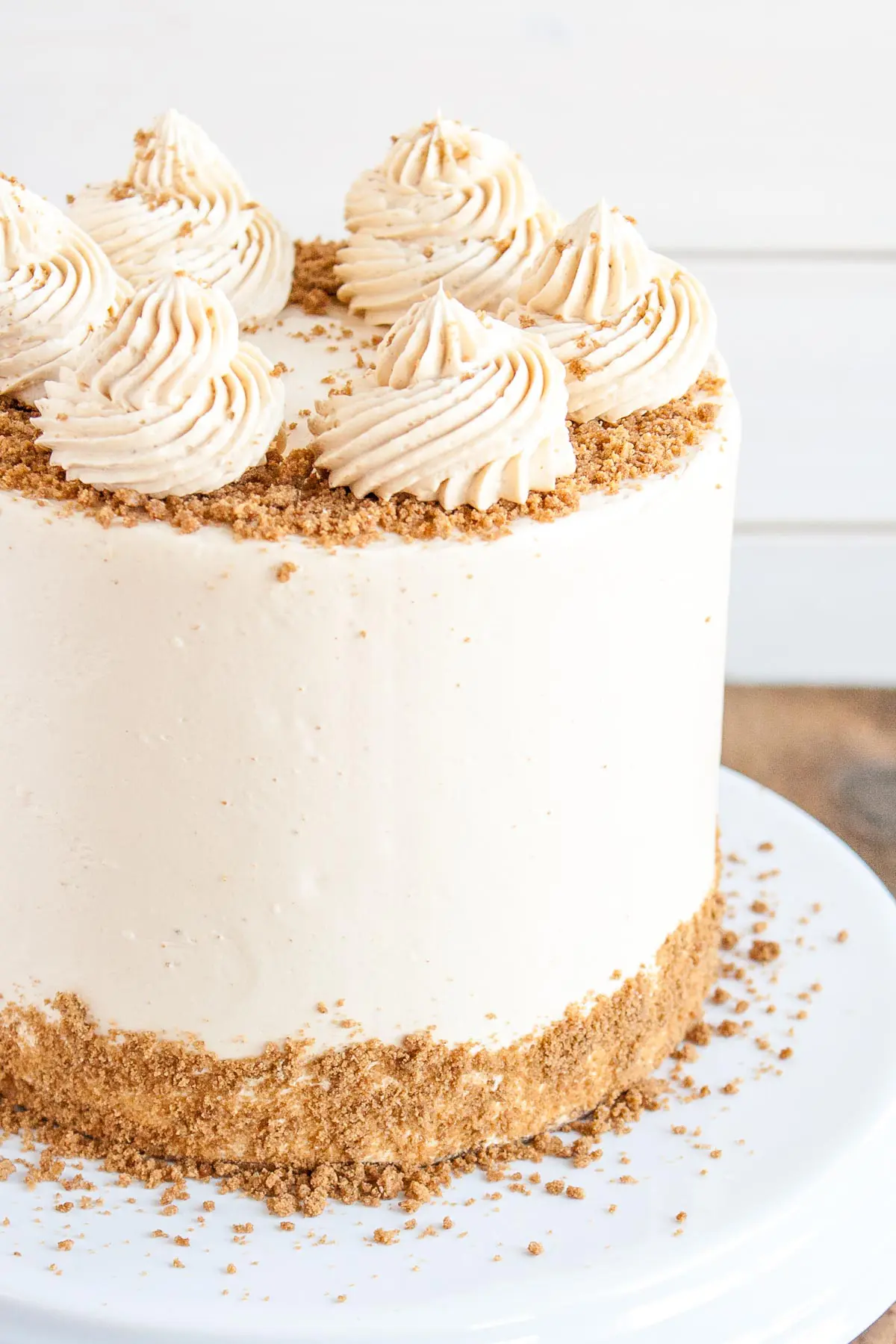 Angled close up of the cake showing the crushed speculoos cookies around the top and bottom edges.