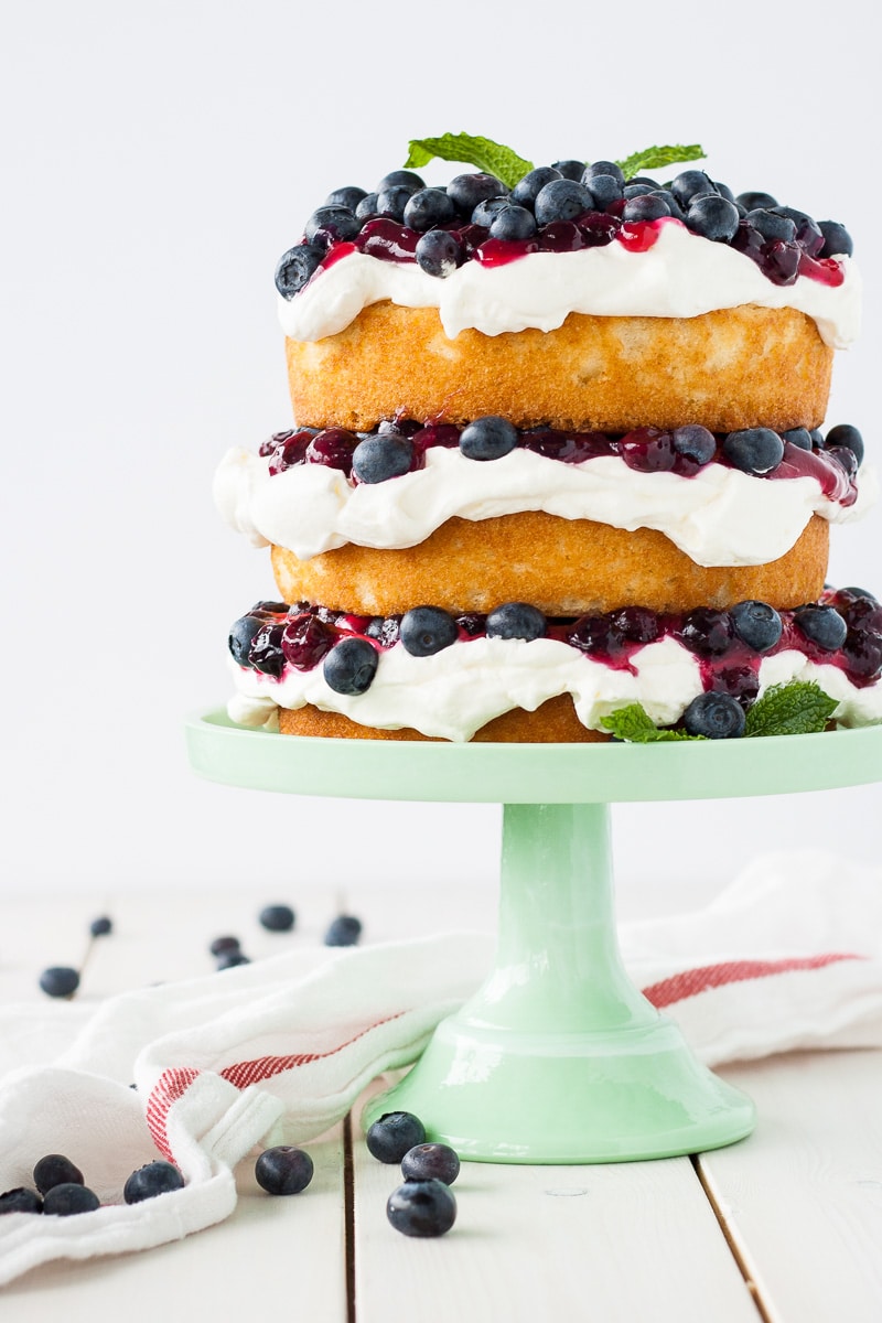 Cake shown on a mint green cake stand.