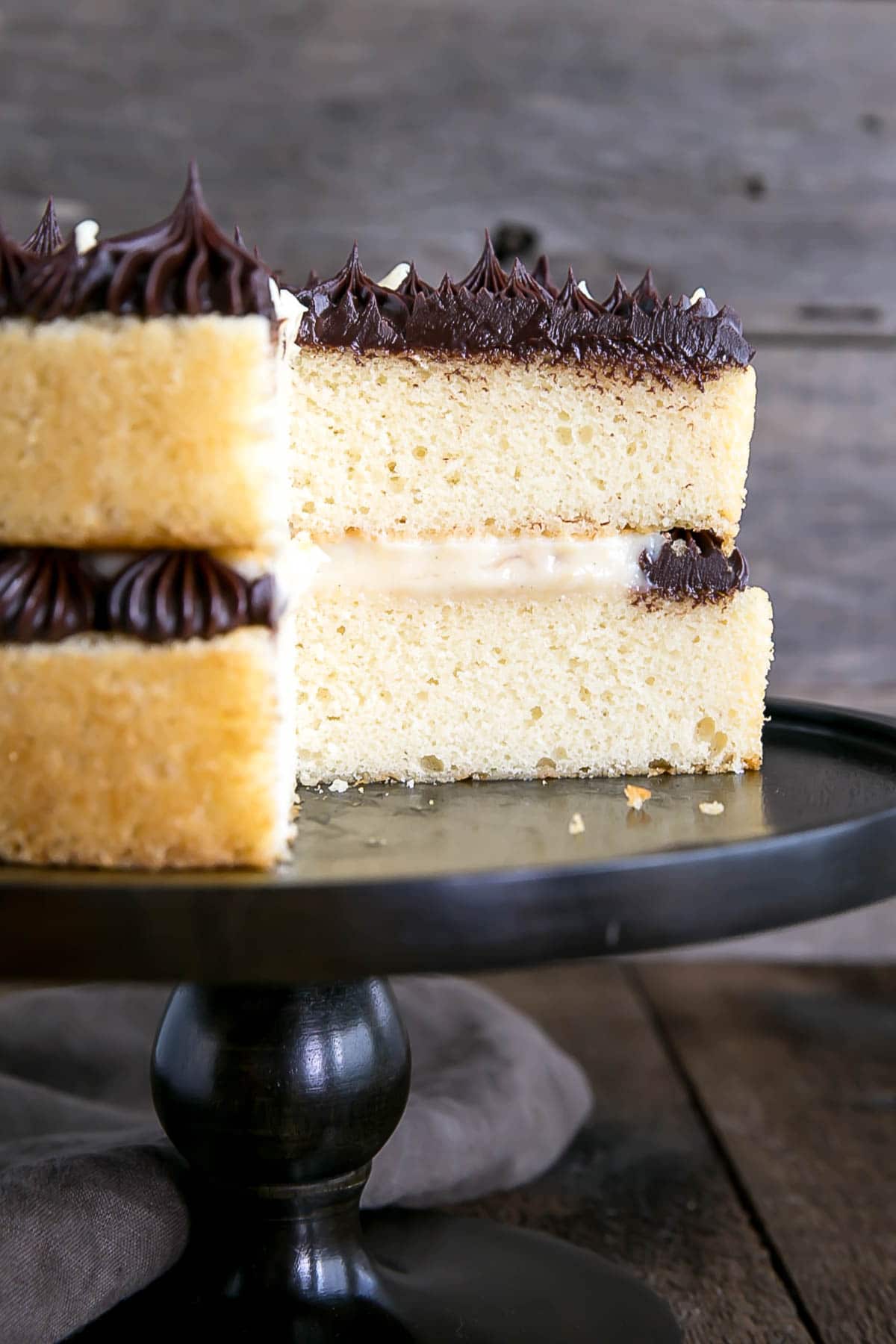 Boston Cream Pie with pastry cream and chocolate ganache