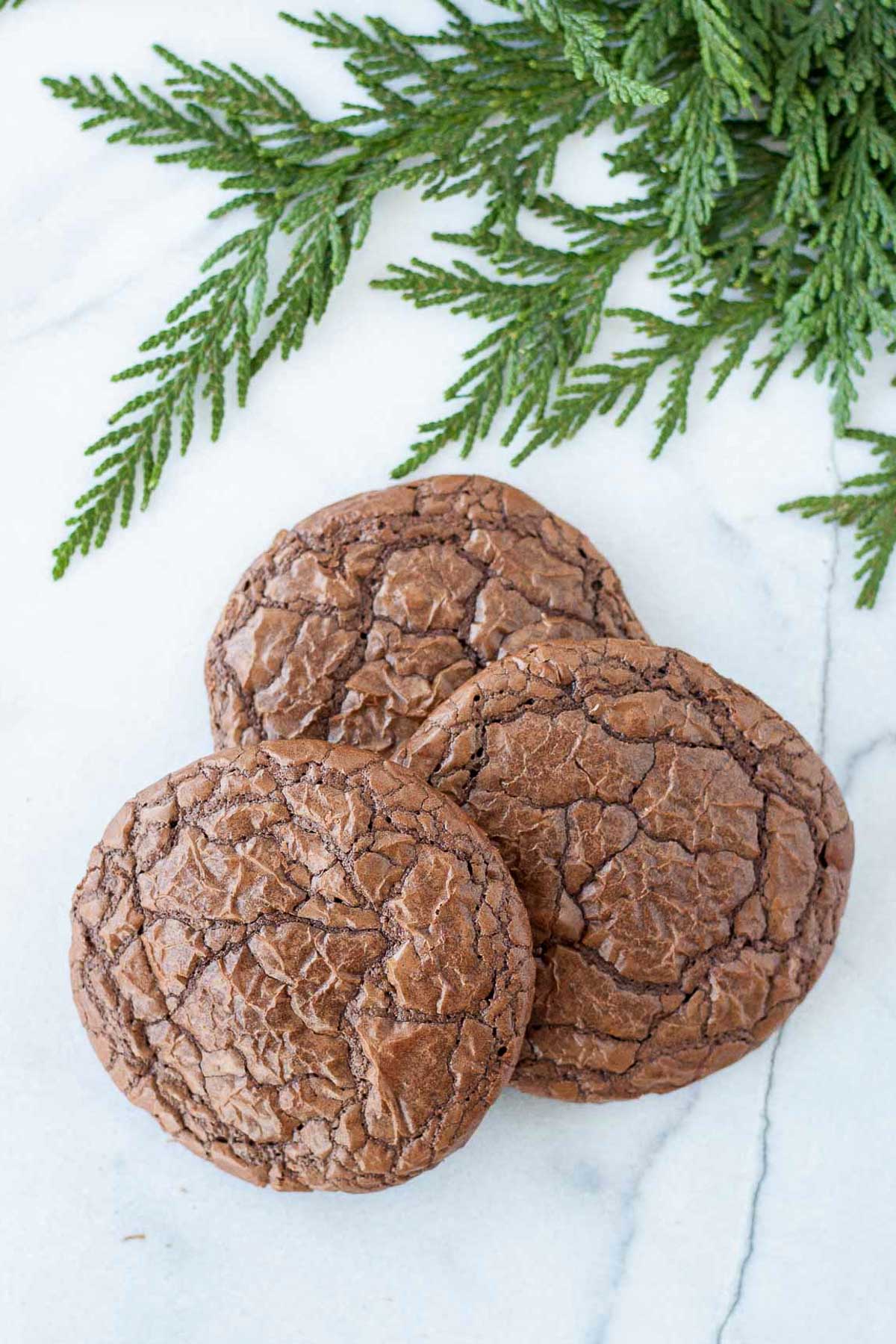 Three brownie cookies offset stacked.