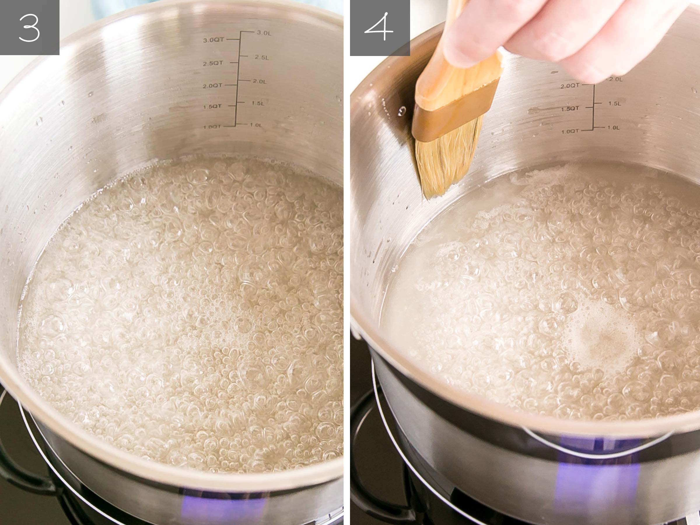 Side by side photos -- sugar brought to a boil, brushing the sides down.