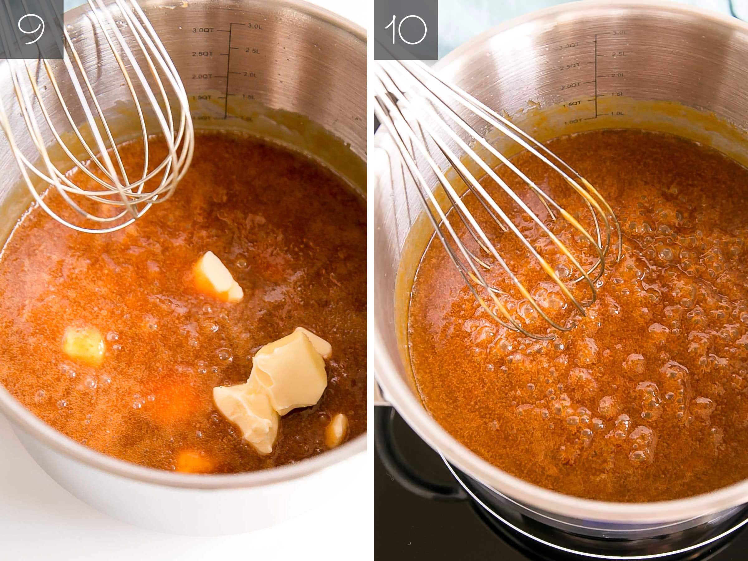 Side by side photos - adding the butter and the caramel simmering.