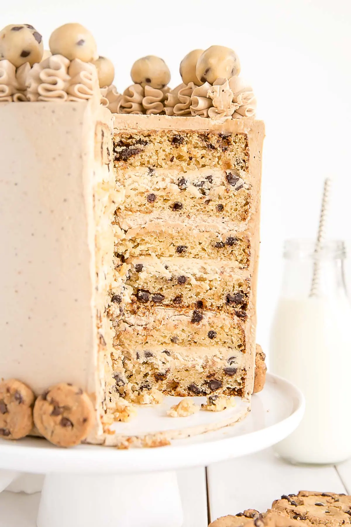 Six layer Chocolate Chip Cookie Cake with brown sugar chocolate chip cake layers, a cookie dough filling, and a chocolate chip cookie frosting!