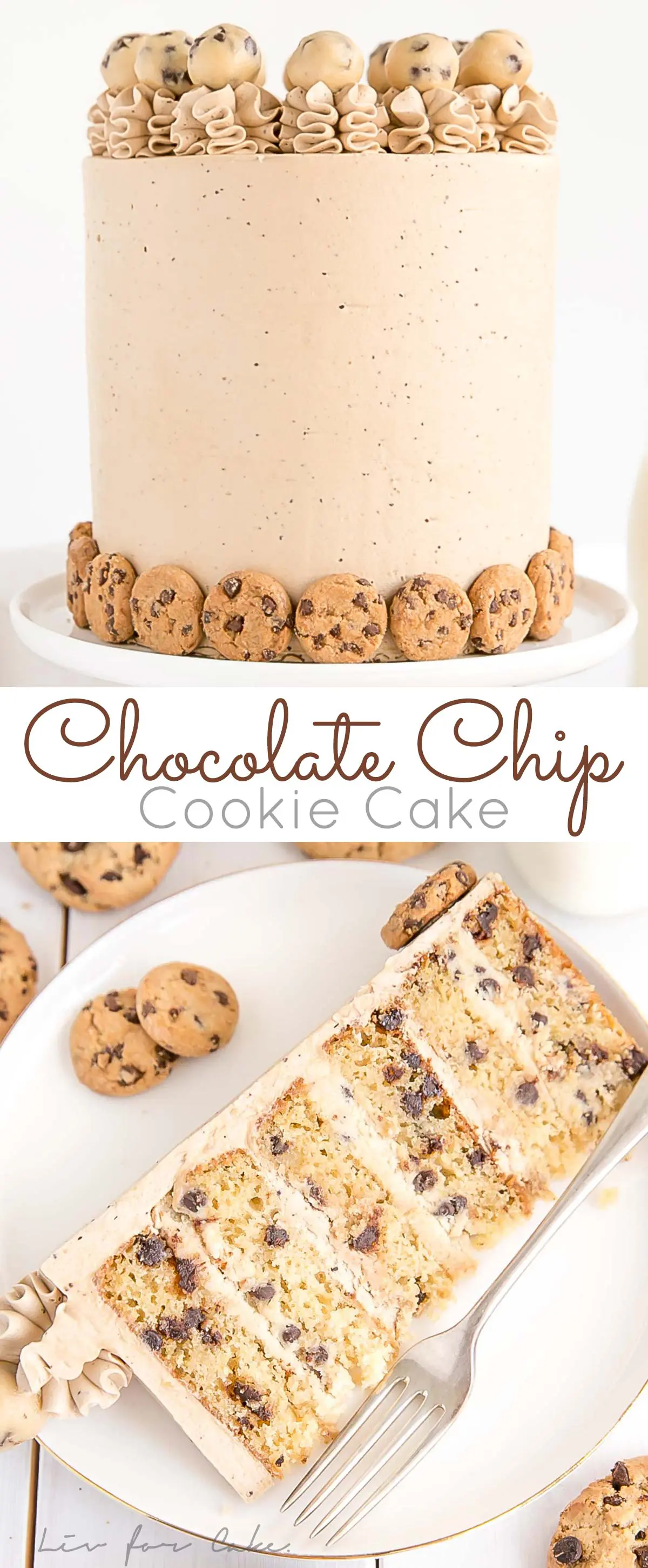 This Chocolate Chip Cookie Cake has brown sugar chocolate chip cake layers, a cookie dough filling, and a chocolate chip cookie frosting!