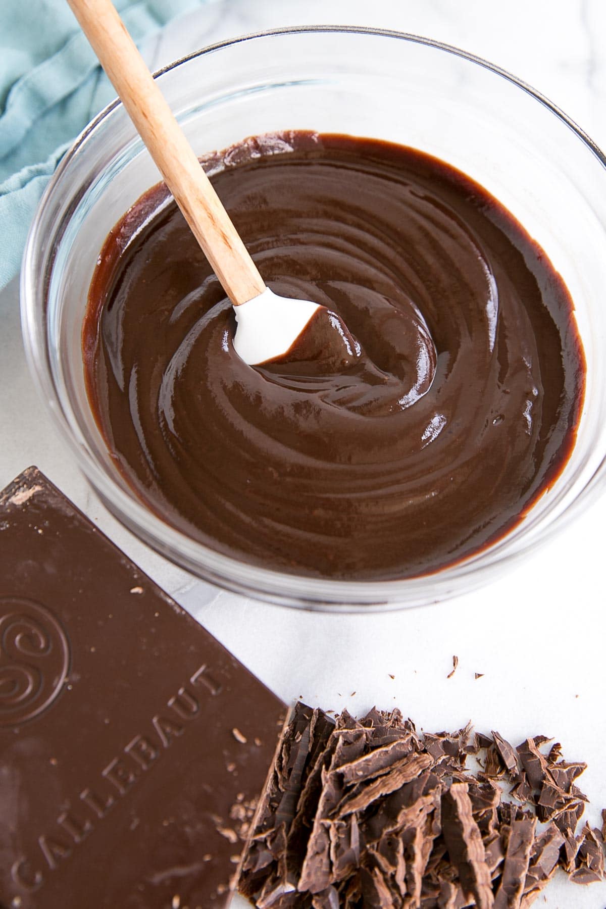 Smooth and shiny ganache in a bowl.