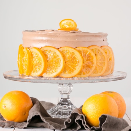 Cake on a glass cake stand.