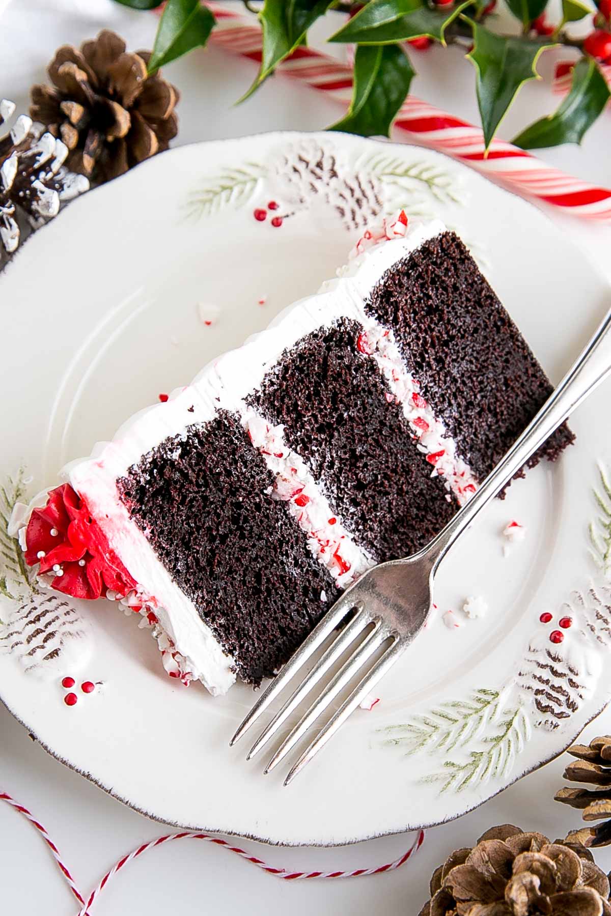 Slice of chocolate peppermint cake on a plate.