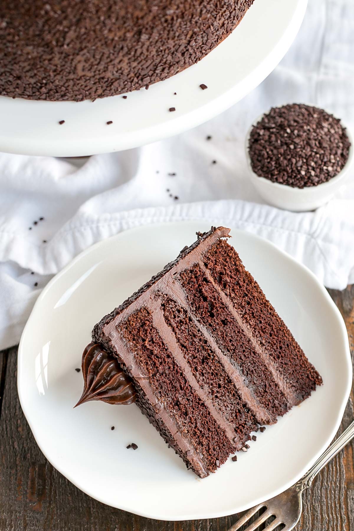 A piece of chocolate cake on a plate