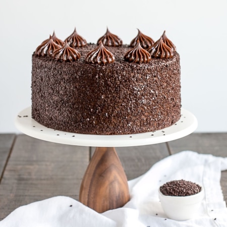 A large chocolate cake sitting on top of a table