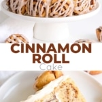 This Cinnamon Roll Cake is packed with cinnamon flavour! A layer of cinnamon rolls sandwiched between two cinnamon swirl cake layers, covered in a cream cheese frosting. | livforcake.com