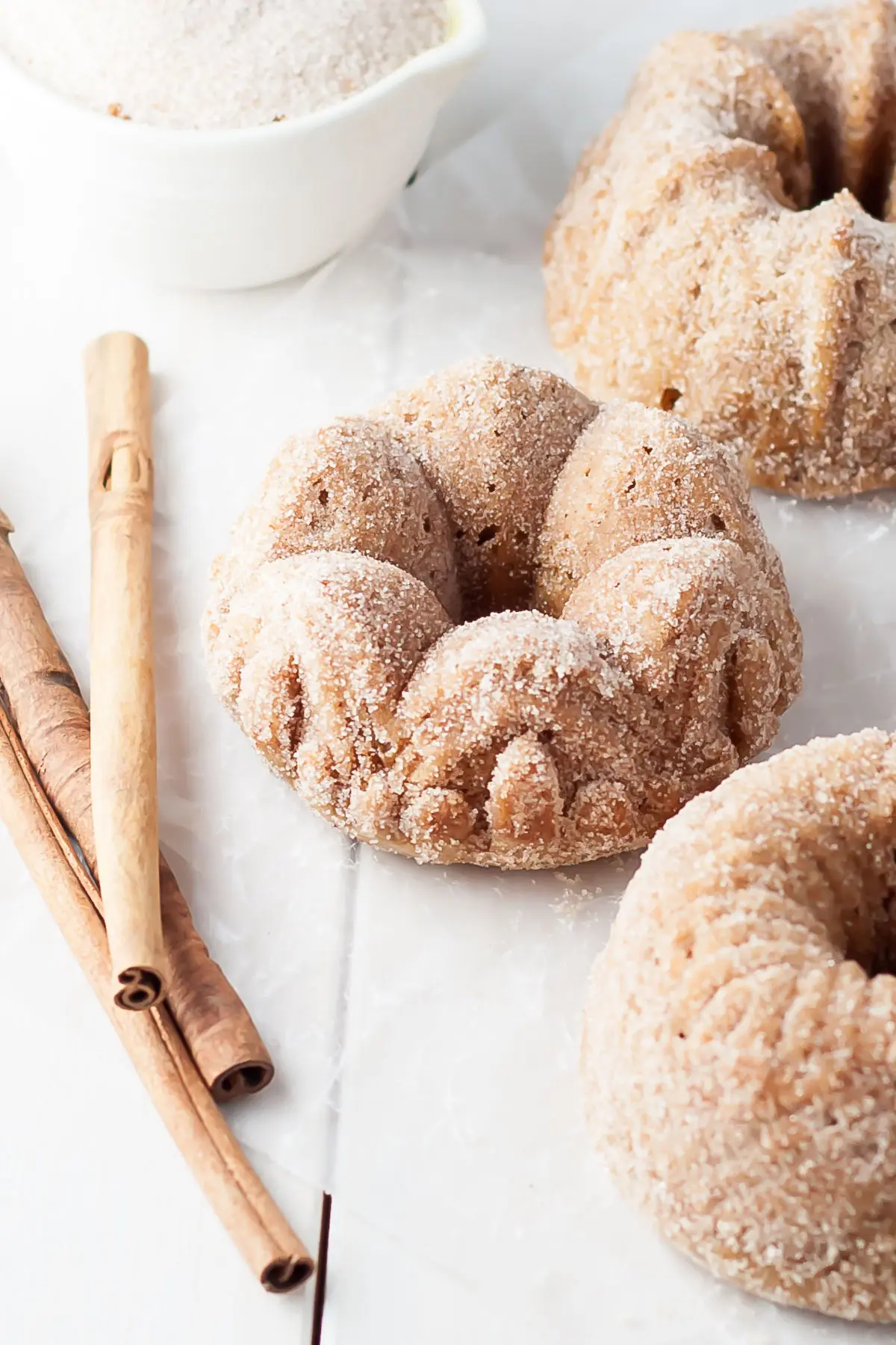 Angled shot of three mini bundts.