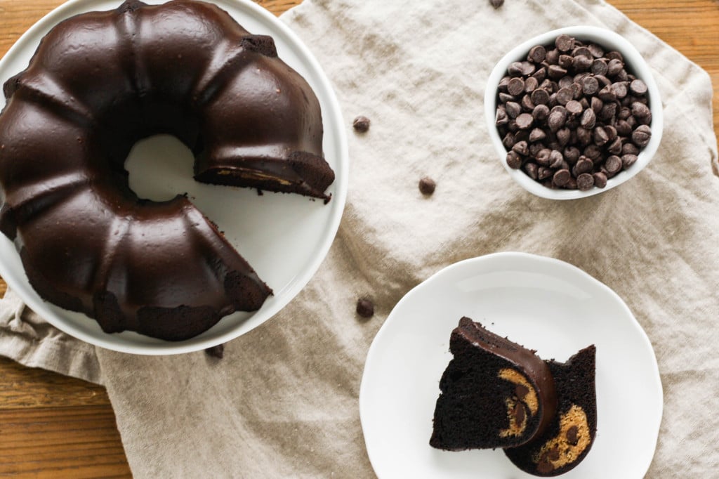 Overhead shot of slices of cake on a plate.