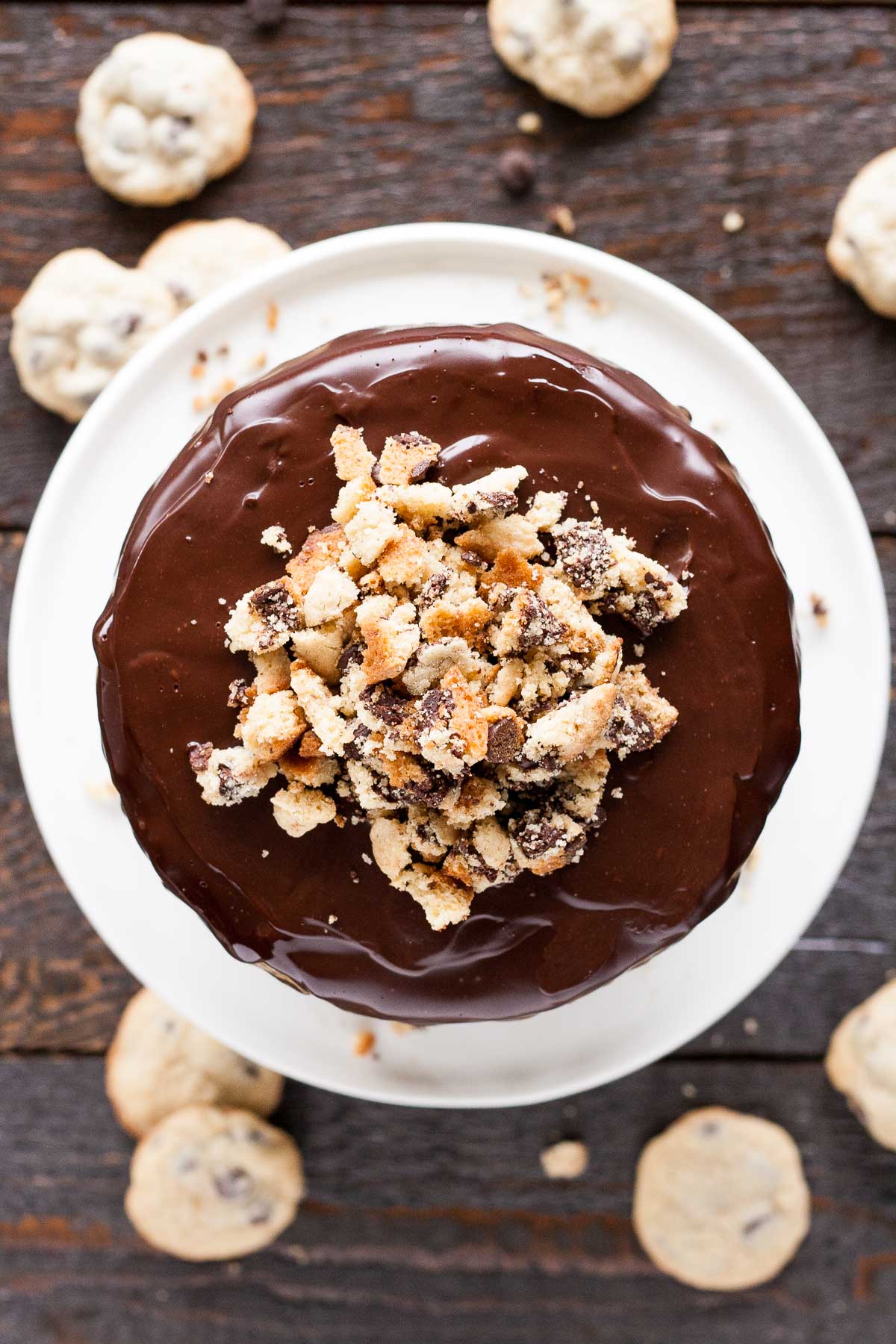 Overhead shot of the chopped cookies on top of the cake.