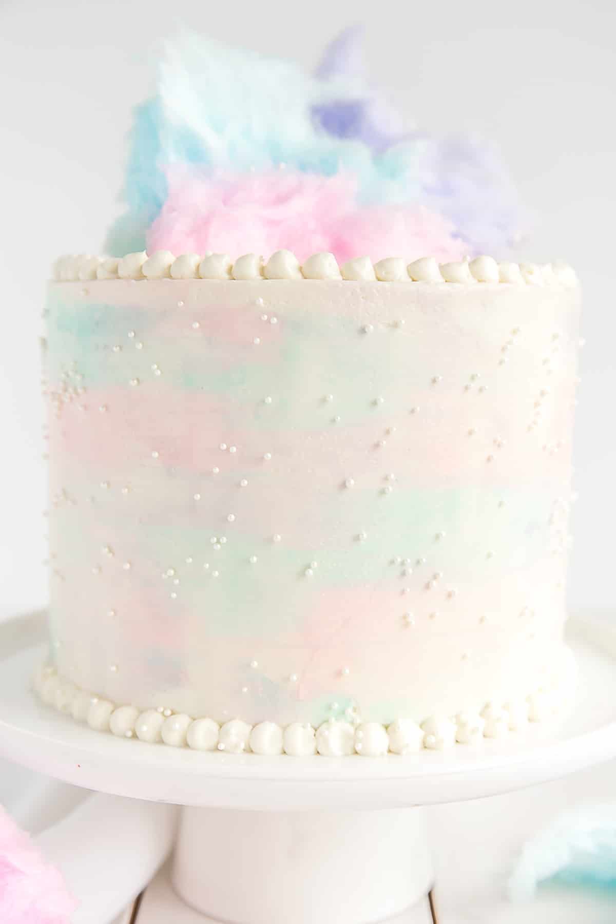 Cotton Candy Cake close up of watercolor frosting effect.