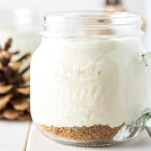 Close up of eggnog mousse in a jar.