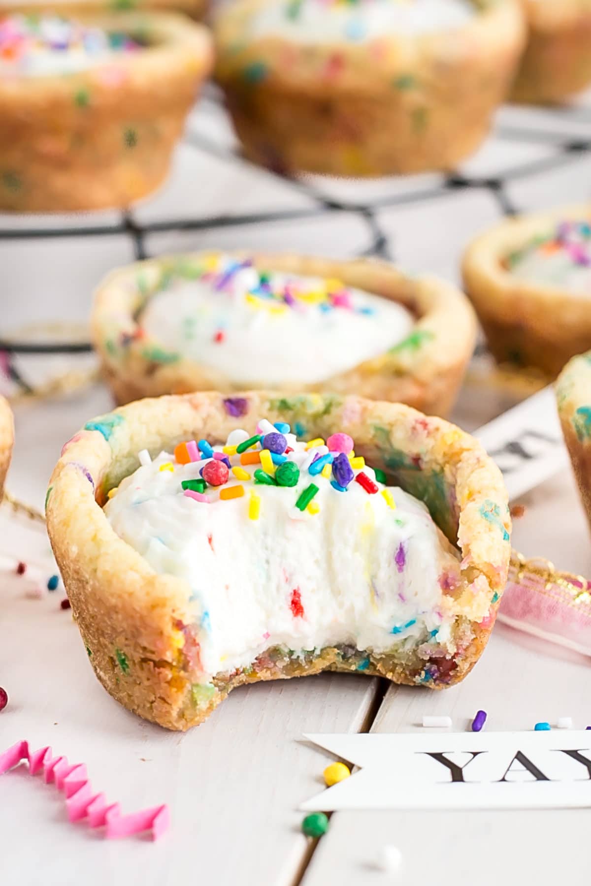 Close up of a cookie cup with a bite out.