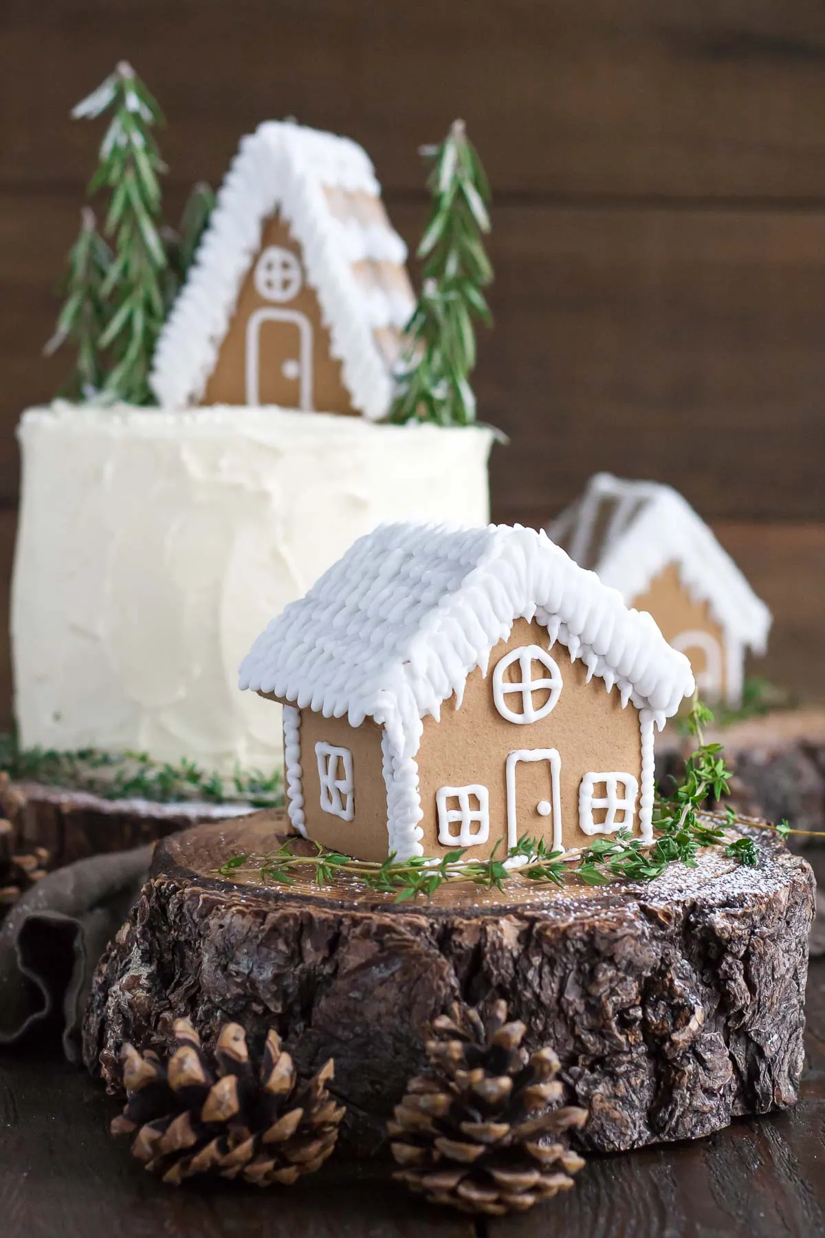 Gingerbread house on a wooden stand