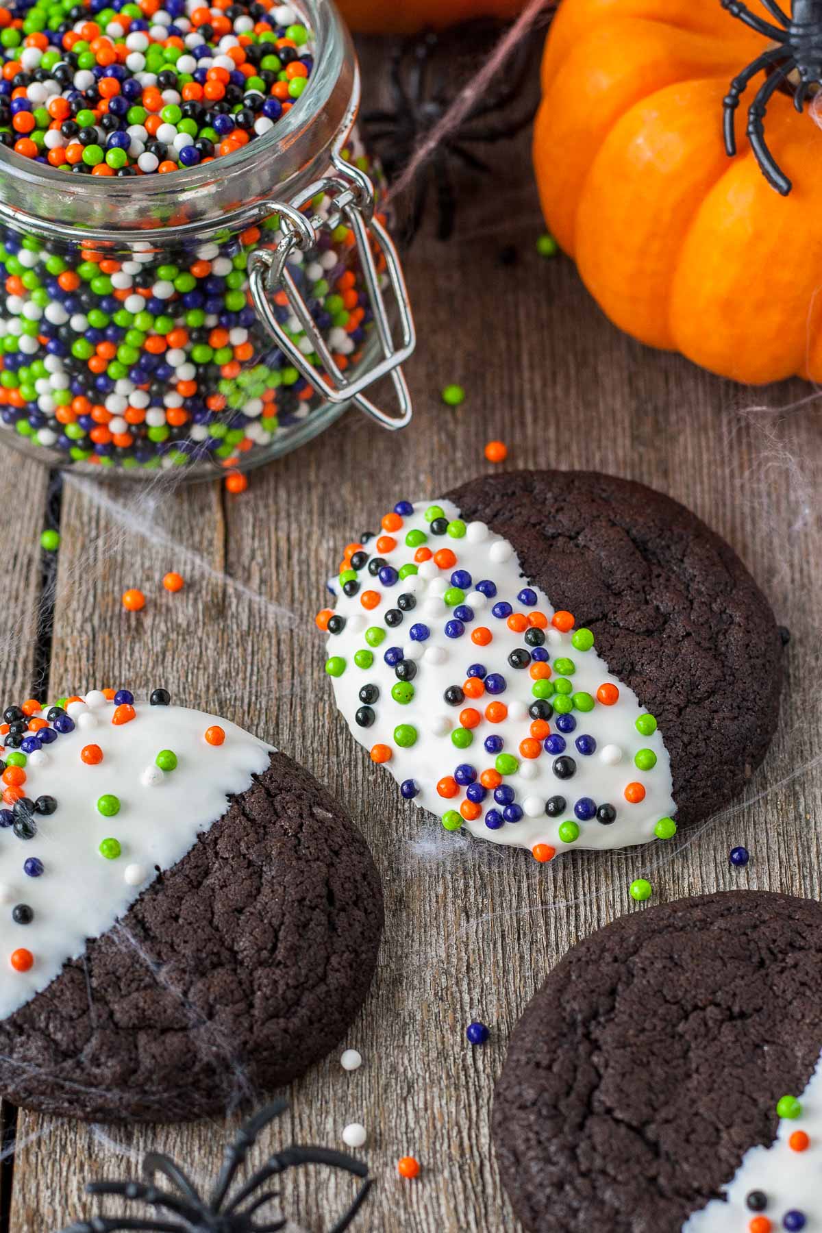 Halloween cookies on a wooden table.