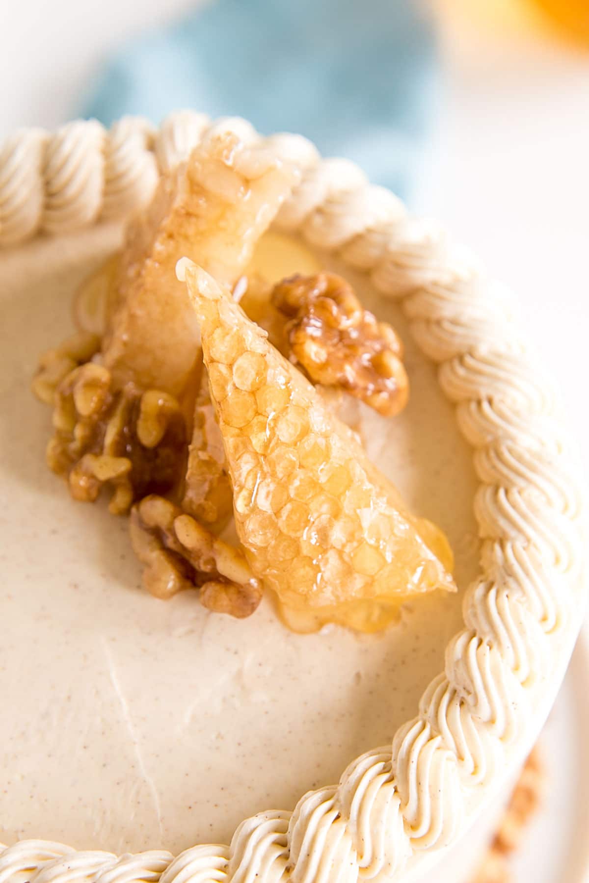 Close up of the honeycomb on the top of the cake.