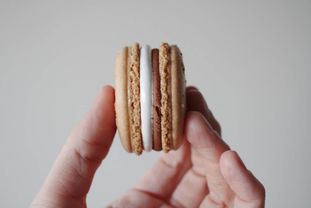 Hand holding one of the macarons.