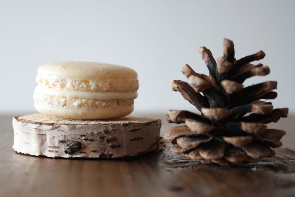 Close up of the macaron with a pine cone beside.