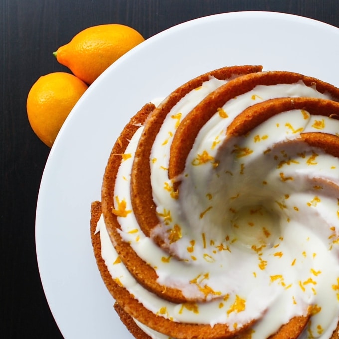 Close up overhead shot of a meyer lemon bundt cake.