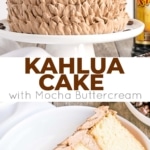 This pretty Kahlua Cake is infused with coffee liqueur & espresso, and adorned with billowy mocha buttercream ruffles. | livforcake.com