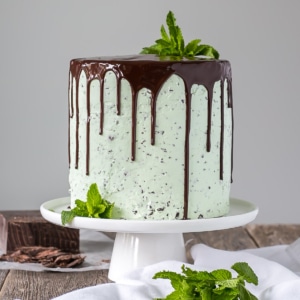 Cake on a white cake stand with mint garnish.