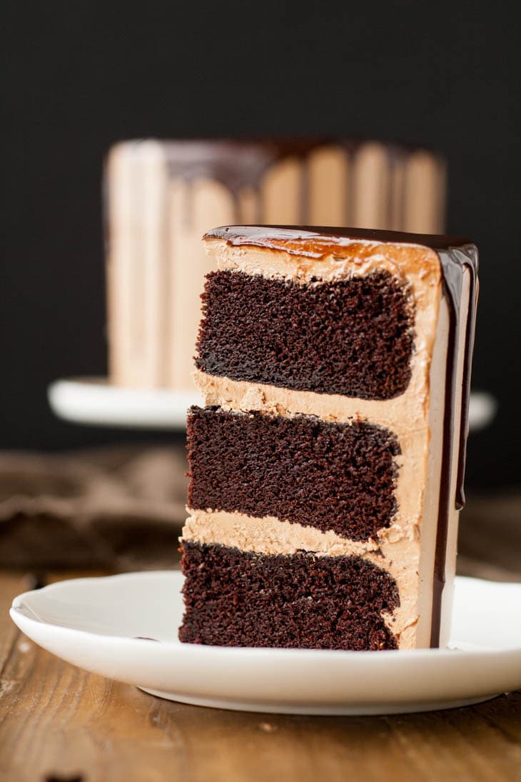 Close up of a slice of Mocha cake with Mocha buttercream