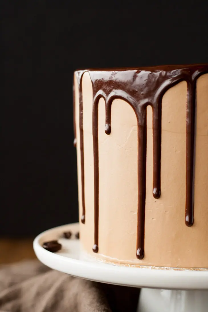 Close up of drip on a Mocha Cake