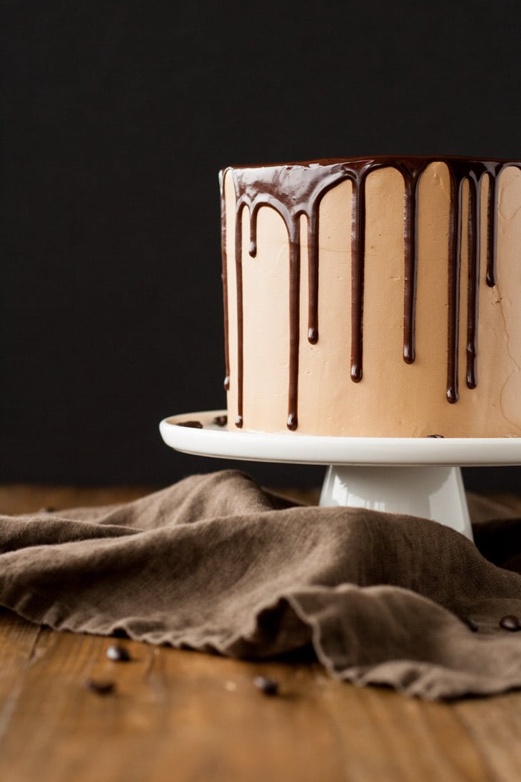 Profile shot of a mocha cake with ganache drip.