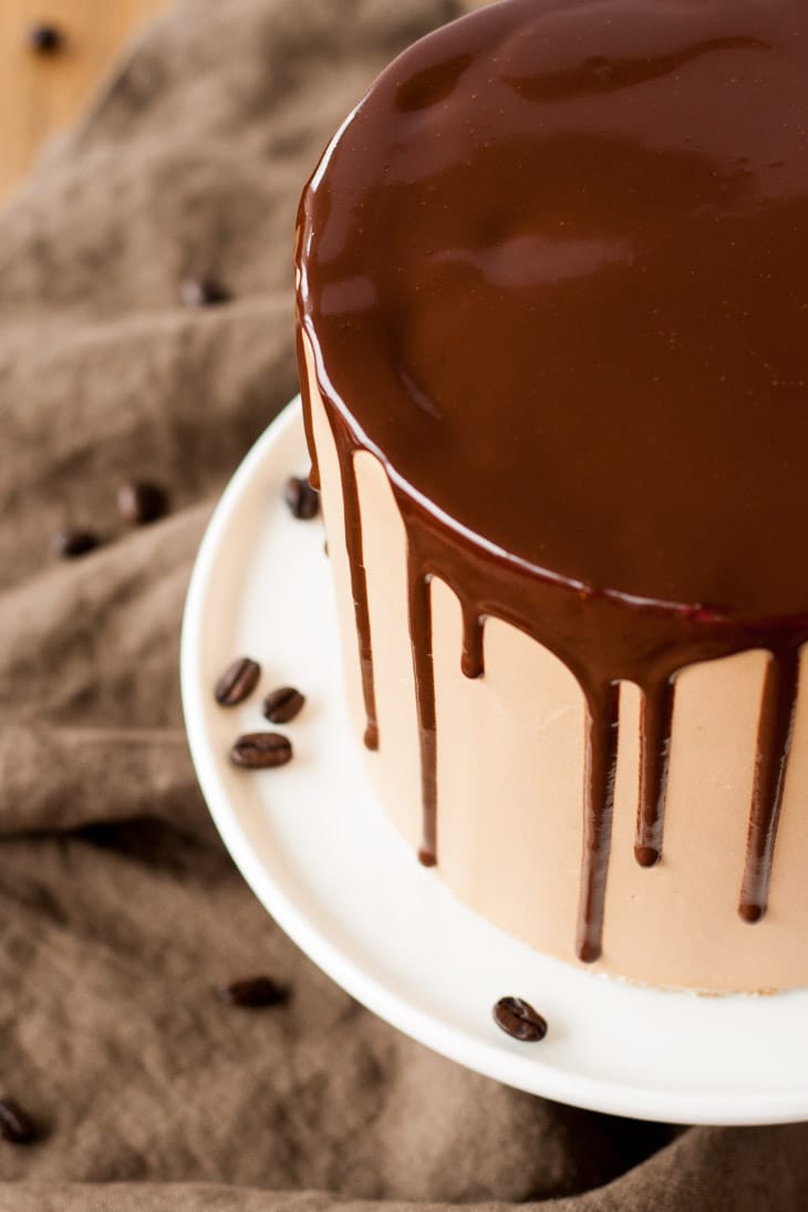 Ganache drip on a mocha cake