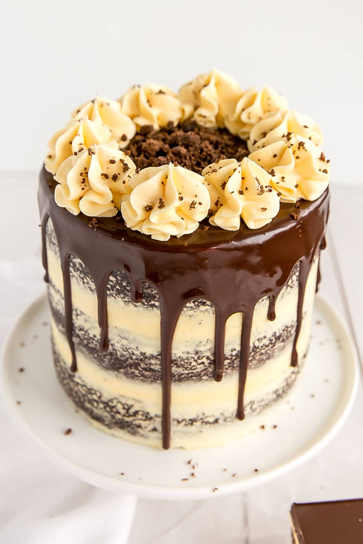 Chocolate cake with vanilla custard frosting.