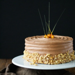 Cake on a white cake stand and black background. Candied hazelnuts on top of the cake and chopped hazelnuts along the bottom.