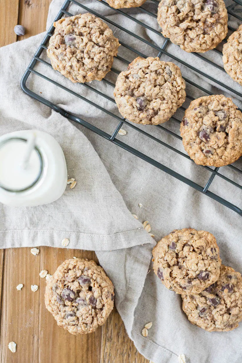 Flat lay of oatmeal cookies with chocolate chips.