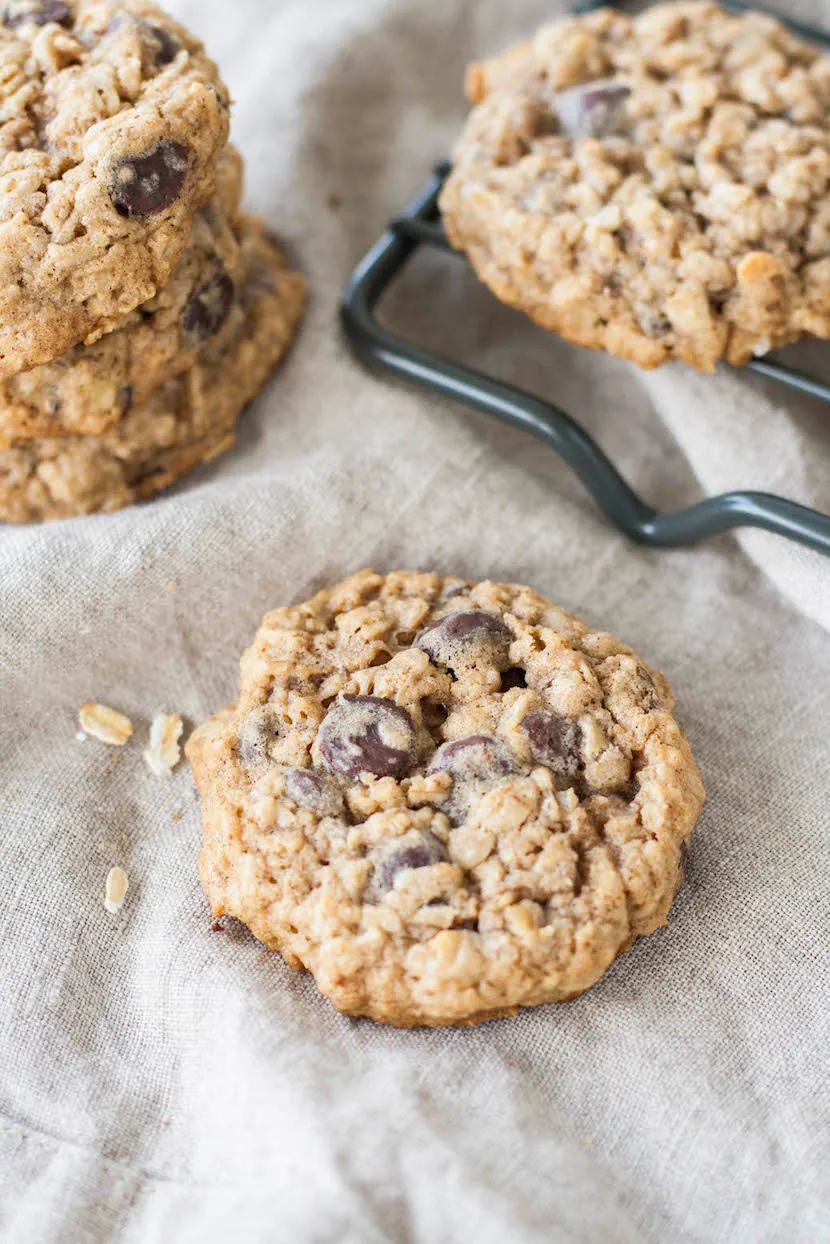 Oatmeal chocolate chip cookies angle close up.