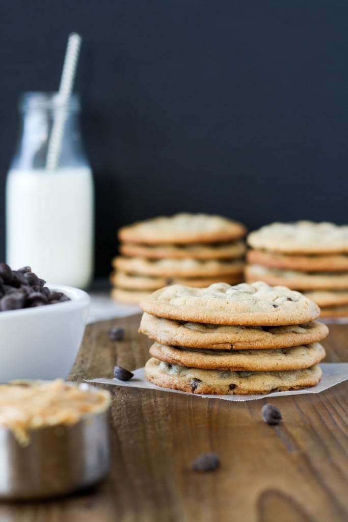 A stack of chewy peanut butter chocolate chip cookies