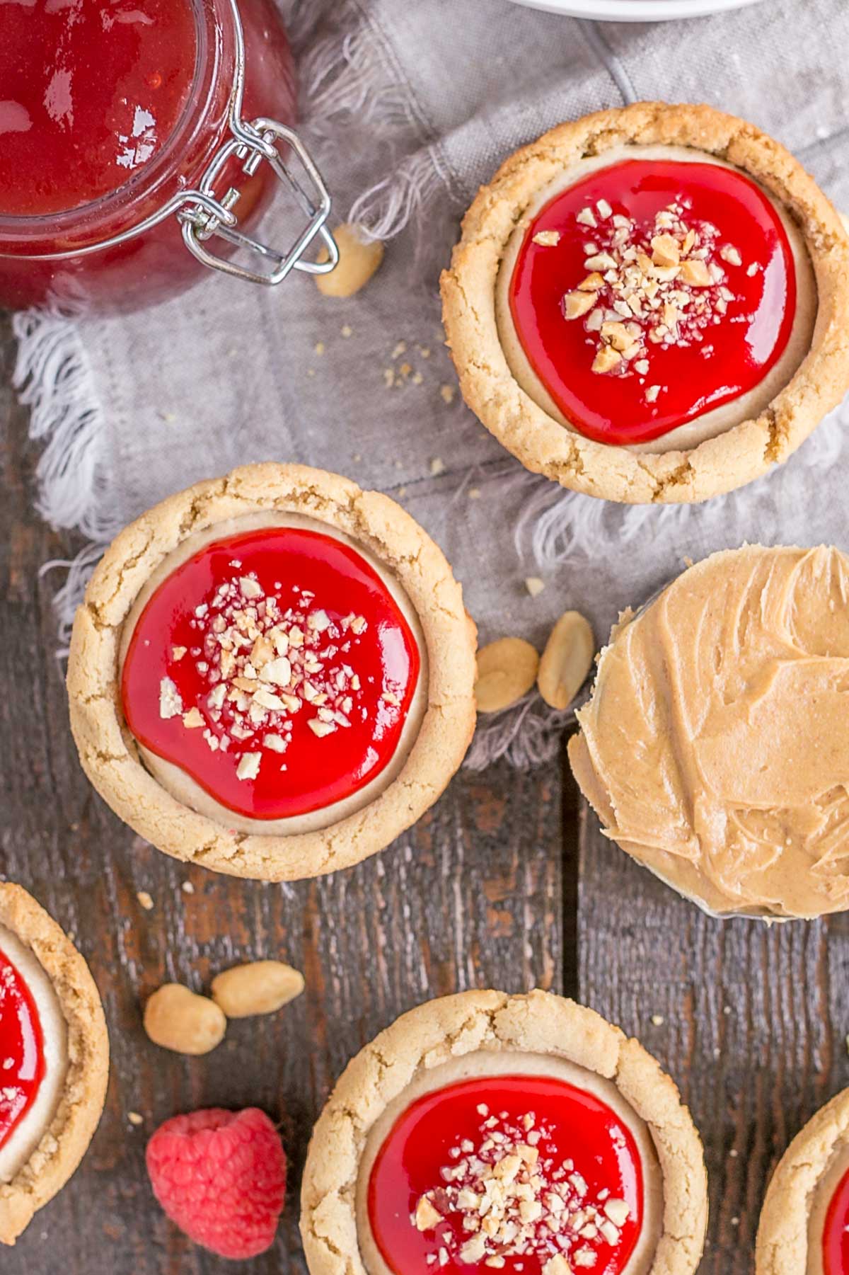 Overhead shot of cookie cups on a wooden table.