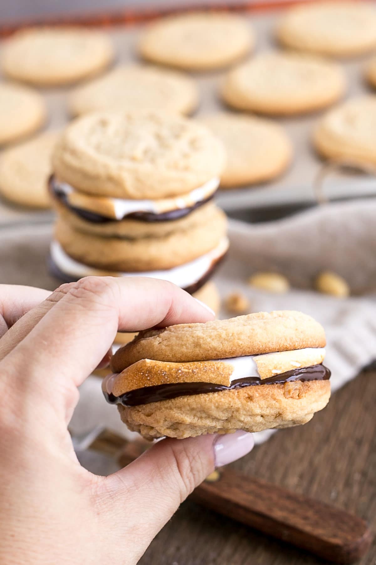 A hand holding one of the sandwiched cookies.