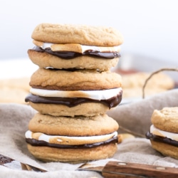 Three sandwiched cookies stacked, close up.