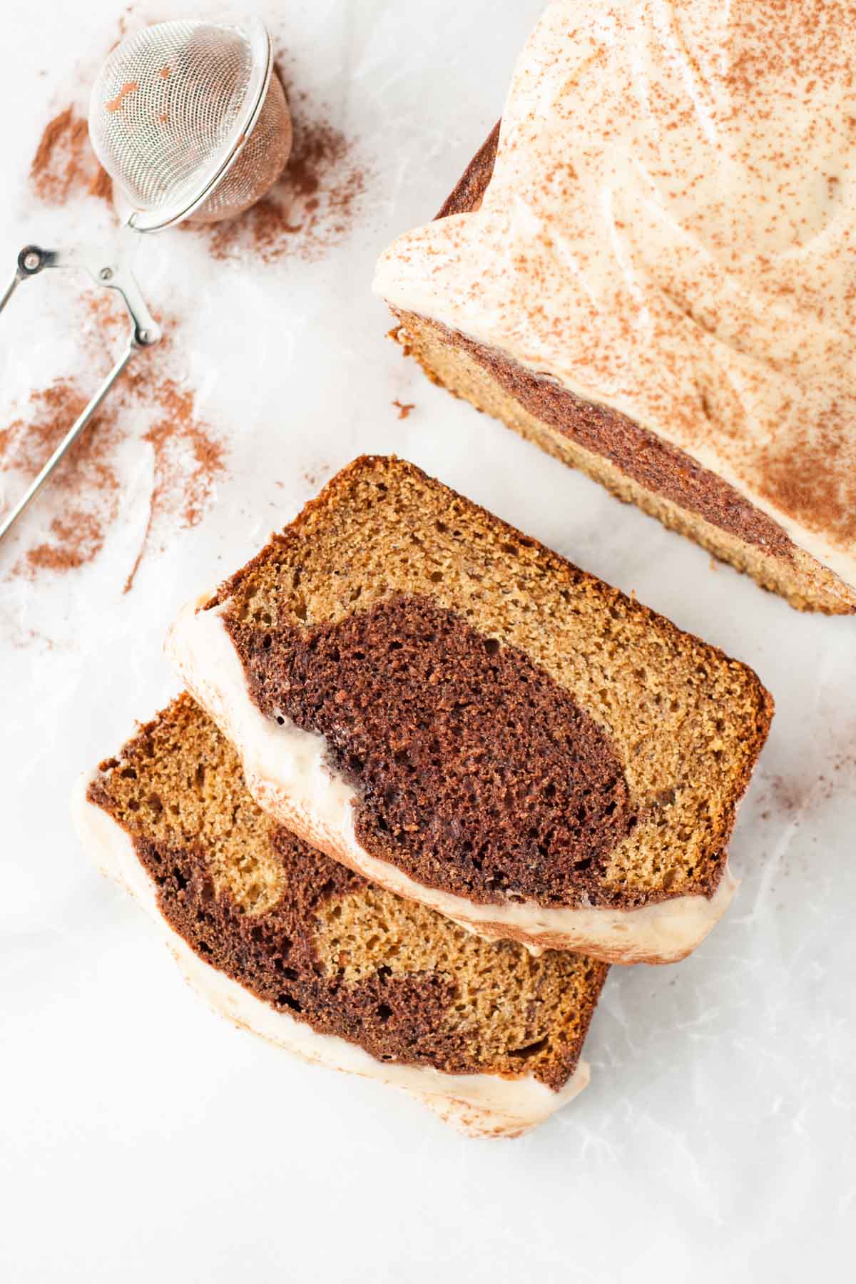 Overhead shot of chocolate peanut butter banana bread.