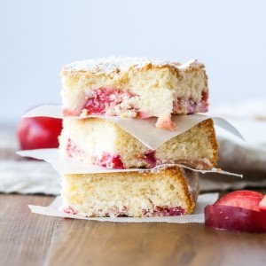 Squares of cake stacked on each other.