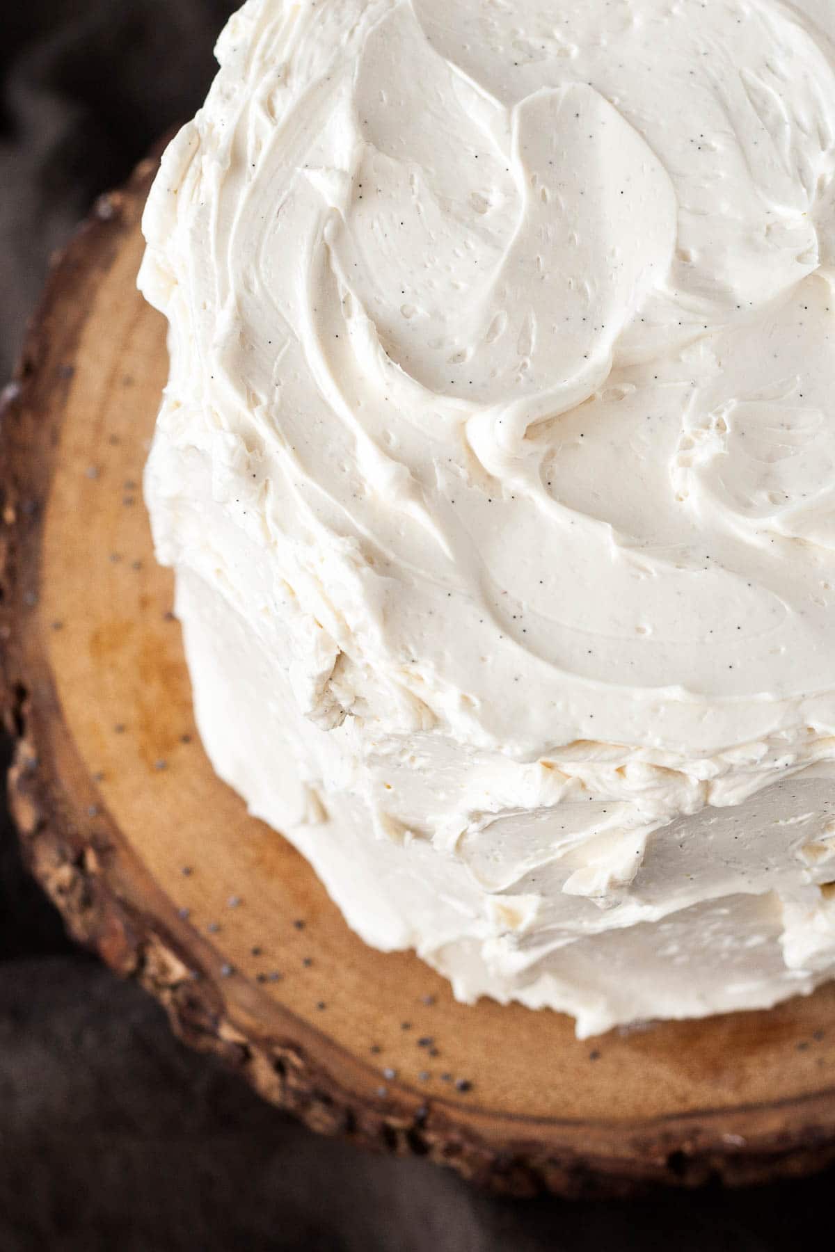 Close up of the rustic frosting on the side of the cake.