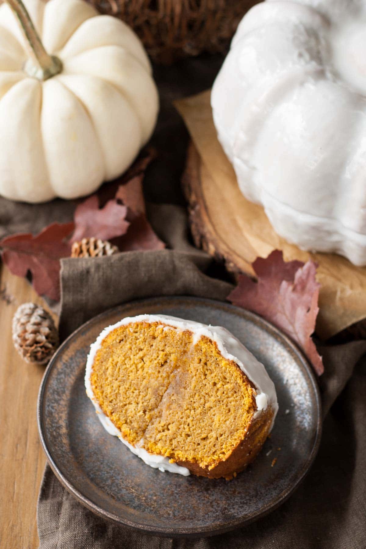 Slice of Bundt cake on a plate.